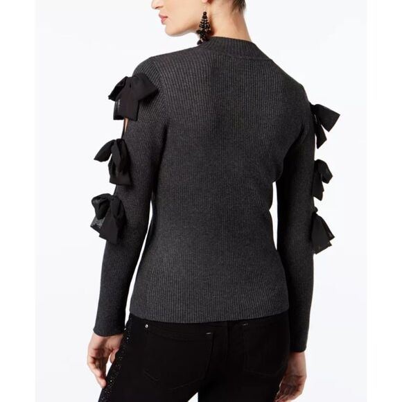 Black Sz Medium Casual or Dress Stretchy Ribbed Mock Neck Split Sleeve Sweater - Picture 2 of 4